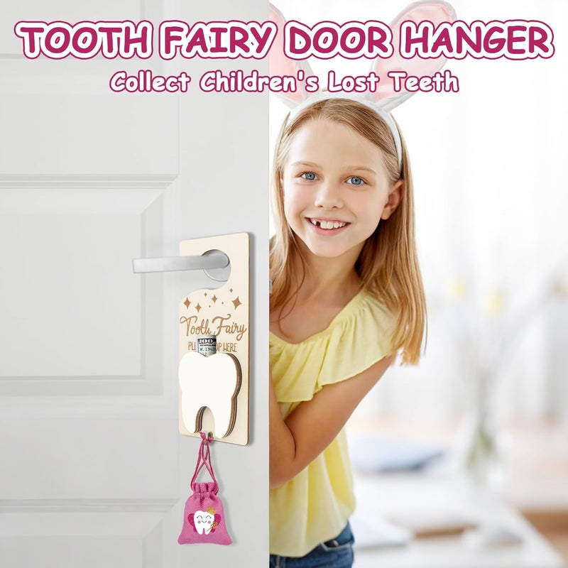 AINBIN Tooth Fairy Door Hanger, Tooth Fairy Kit Tooth Holder with Money Slot, Keepsake Bottle & Burlap Pouch for Lost Teeth, Encourage Gift for Boys Girls (Rose Red) - Image 2